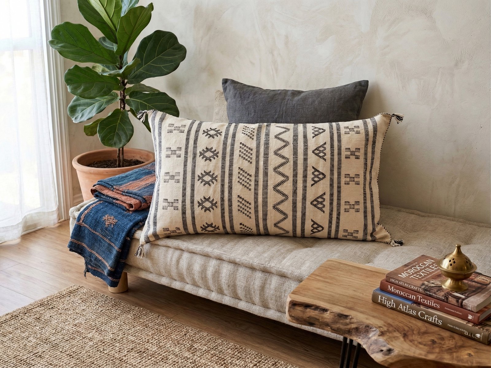 Long Ivory Sabra Cushion 90×50 cm – handmade in Morocco