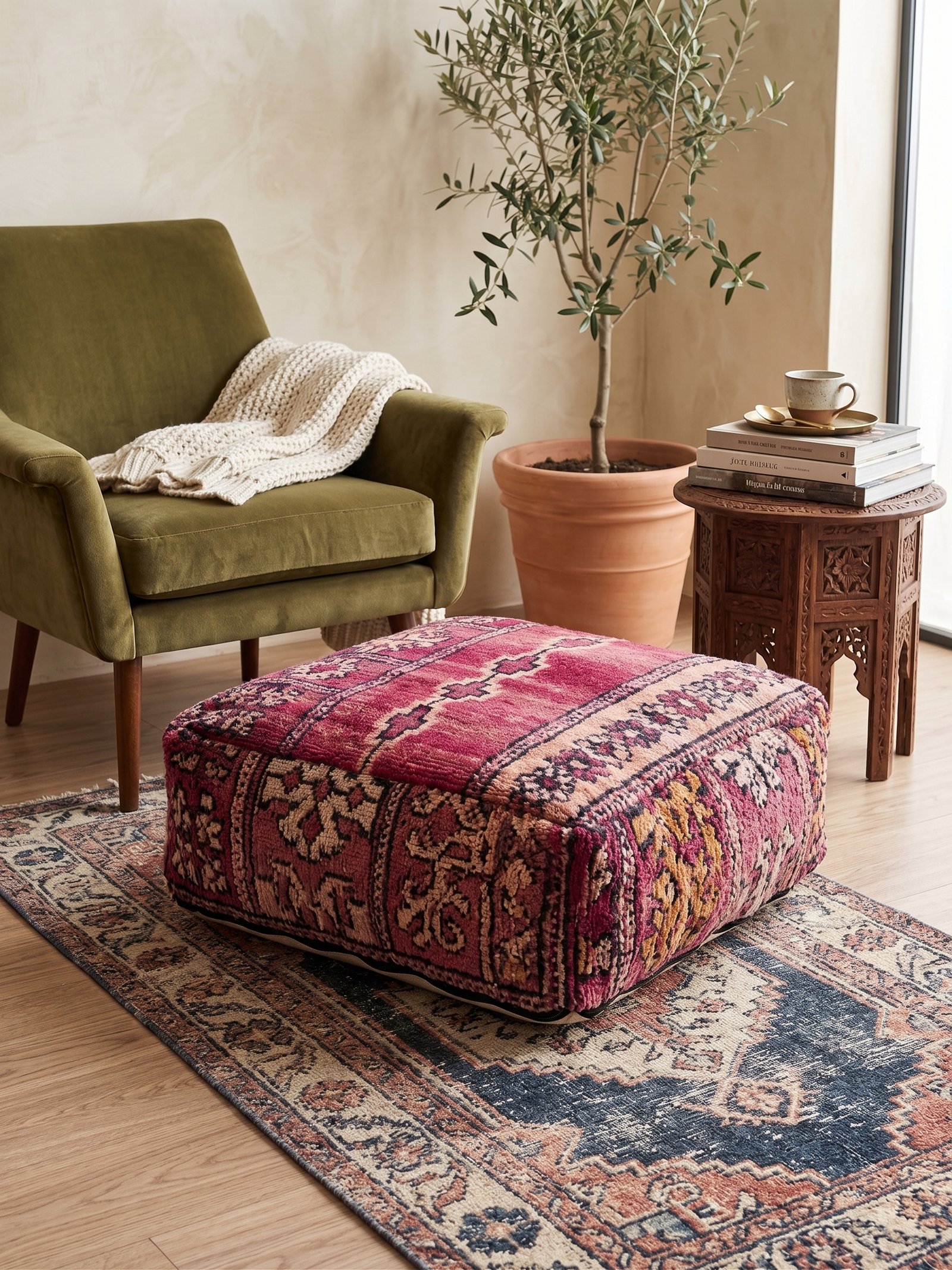 Moroccan red wool pouf