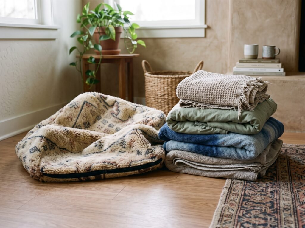 Old blankets and towels folded next to an empty pouf, ready to fill it