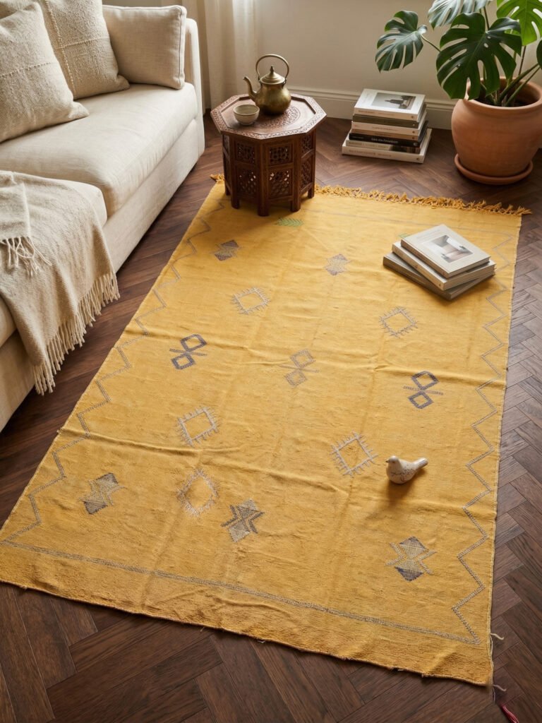 Yellow sabra rug with embroidered geometric motifs and a zigzag border in a living room
