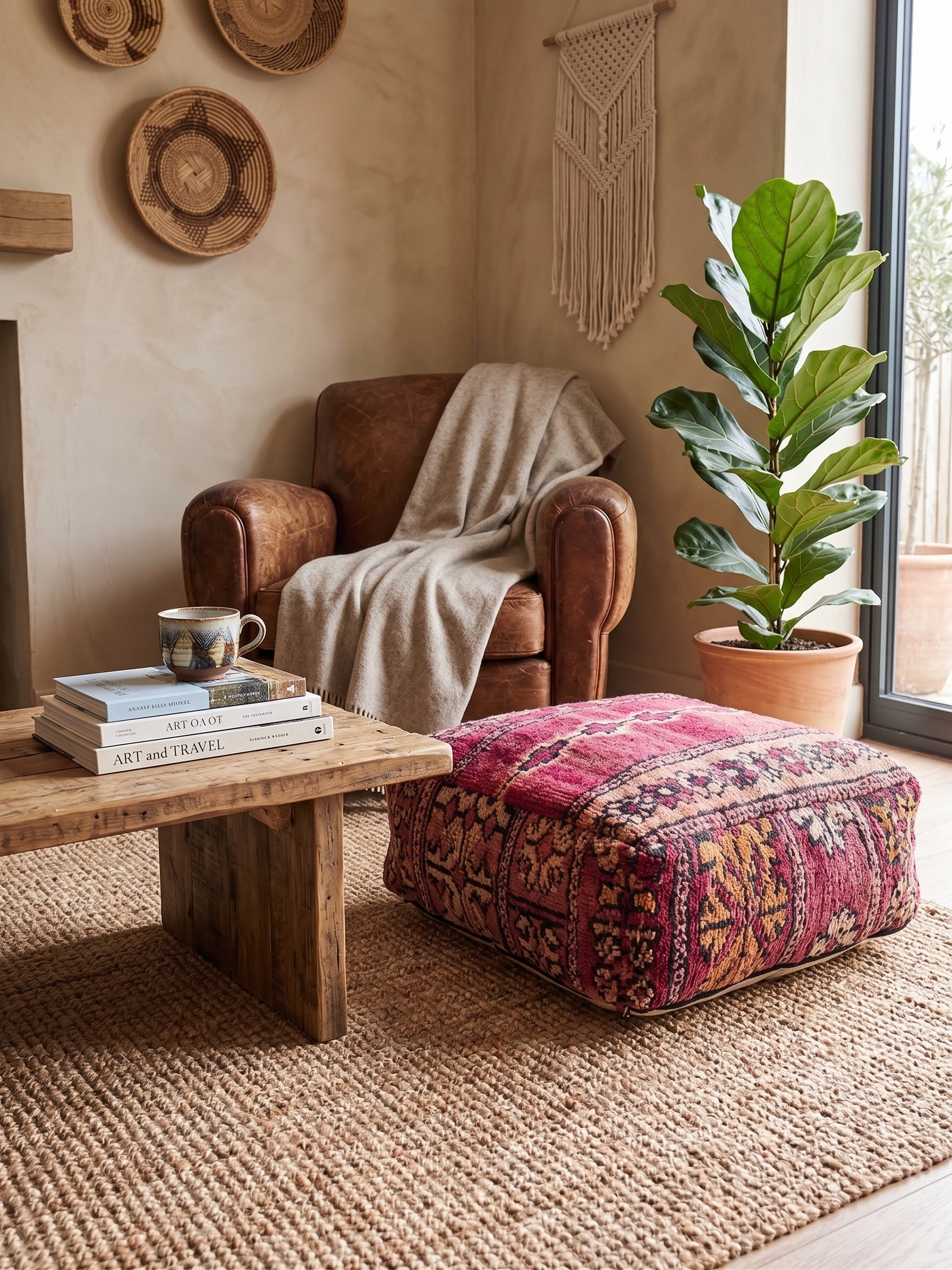 Moroccan red wool pouf