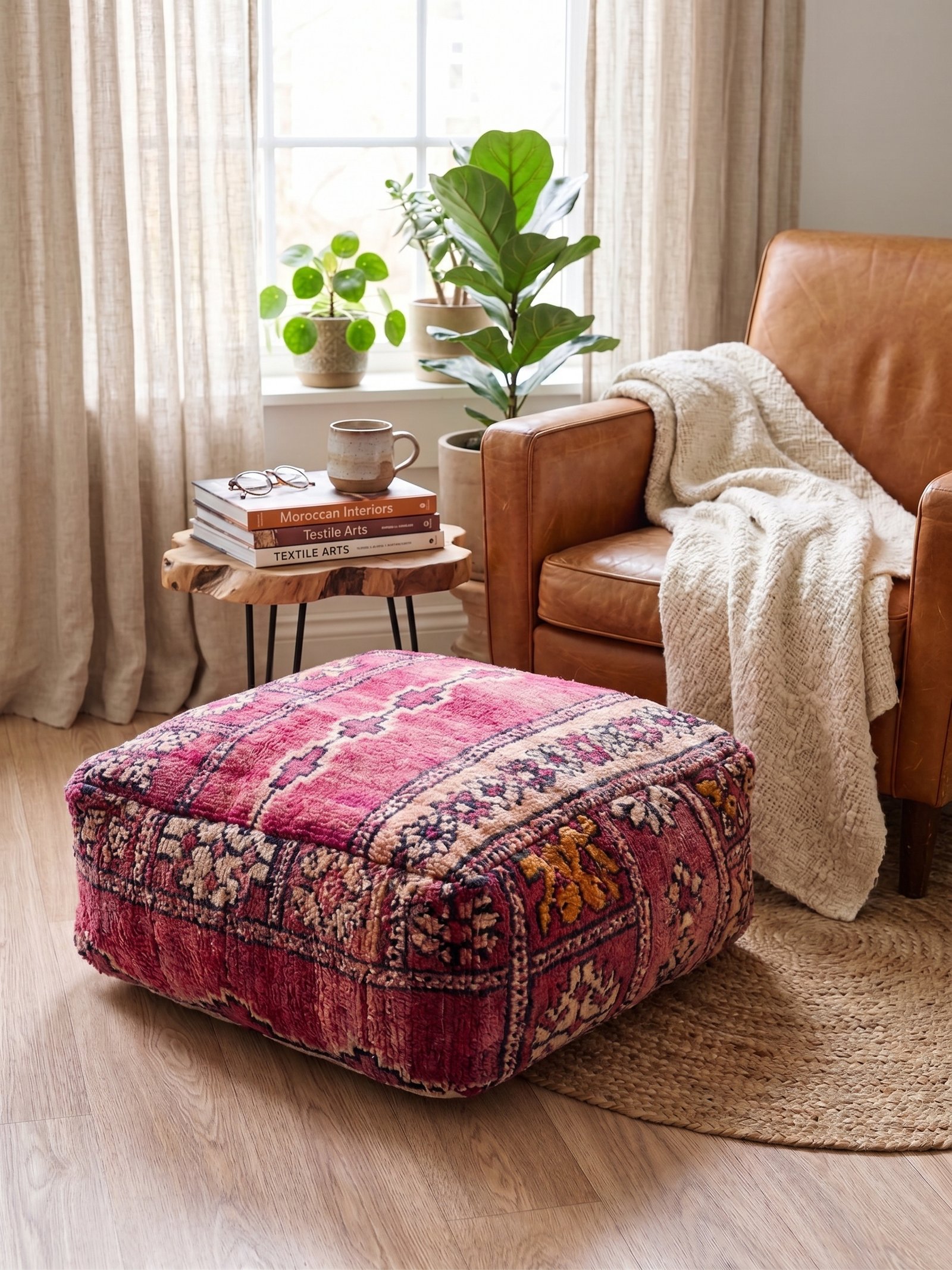 Moroccan red wool pouf