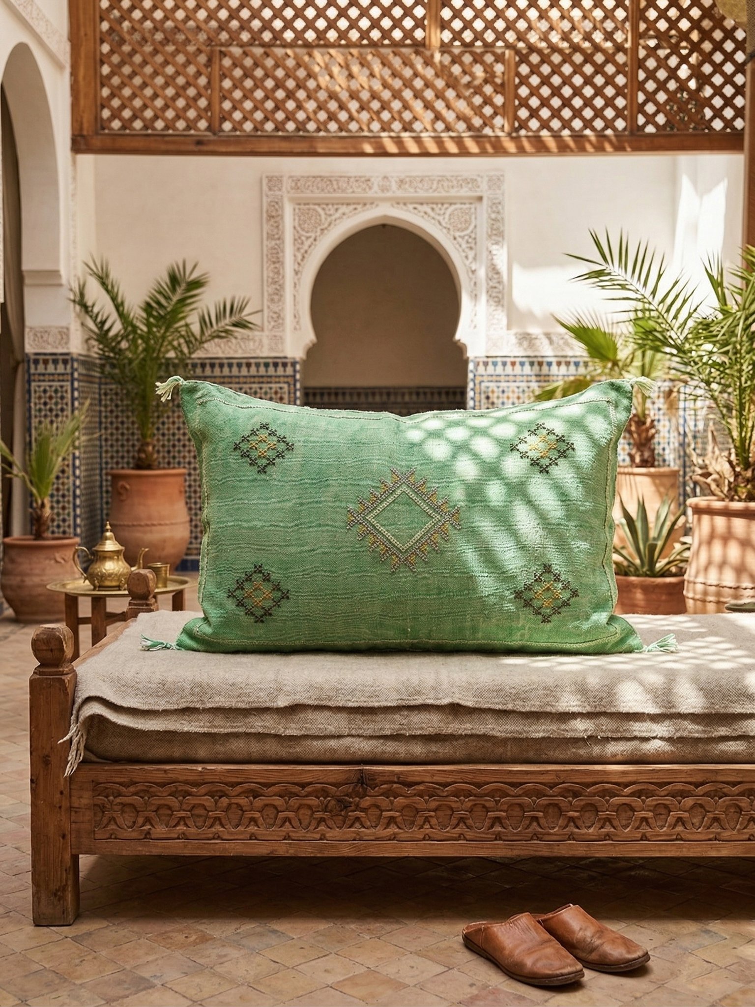 Long Green Sabra Pillow 90×50 cm – handmade in Morocco