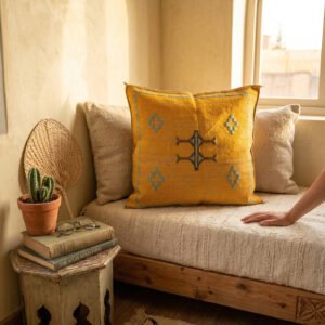 Yellow Cactus Silk Pillow 50×45 cm – handmade in Morocco