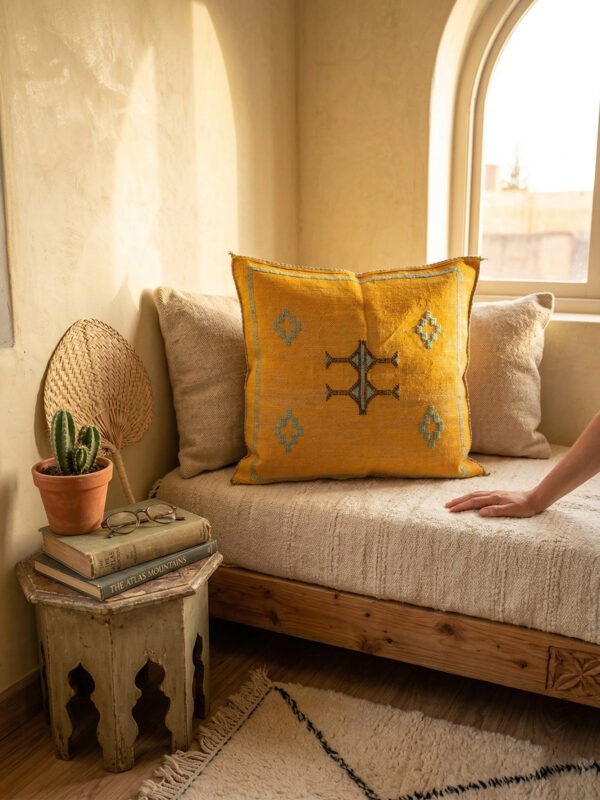 Yellow Cactus Silk Pillow 50×45 cm – handmade in Morocco