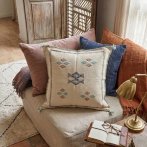 White Sabra Cushion Cover 45×45 cm – handmade in Morocco