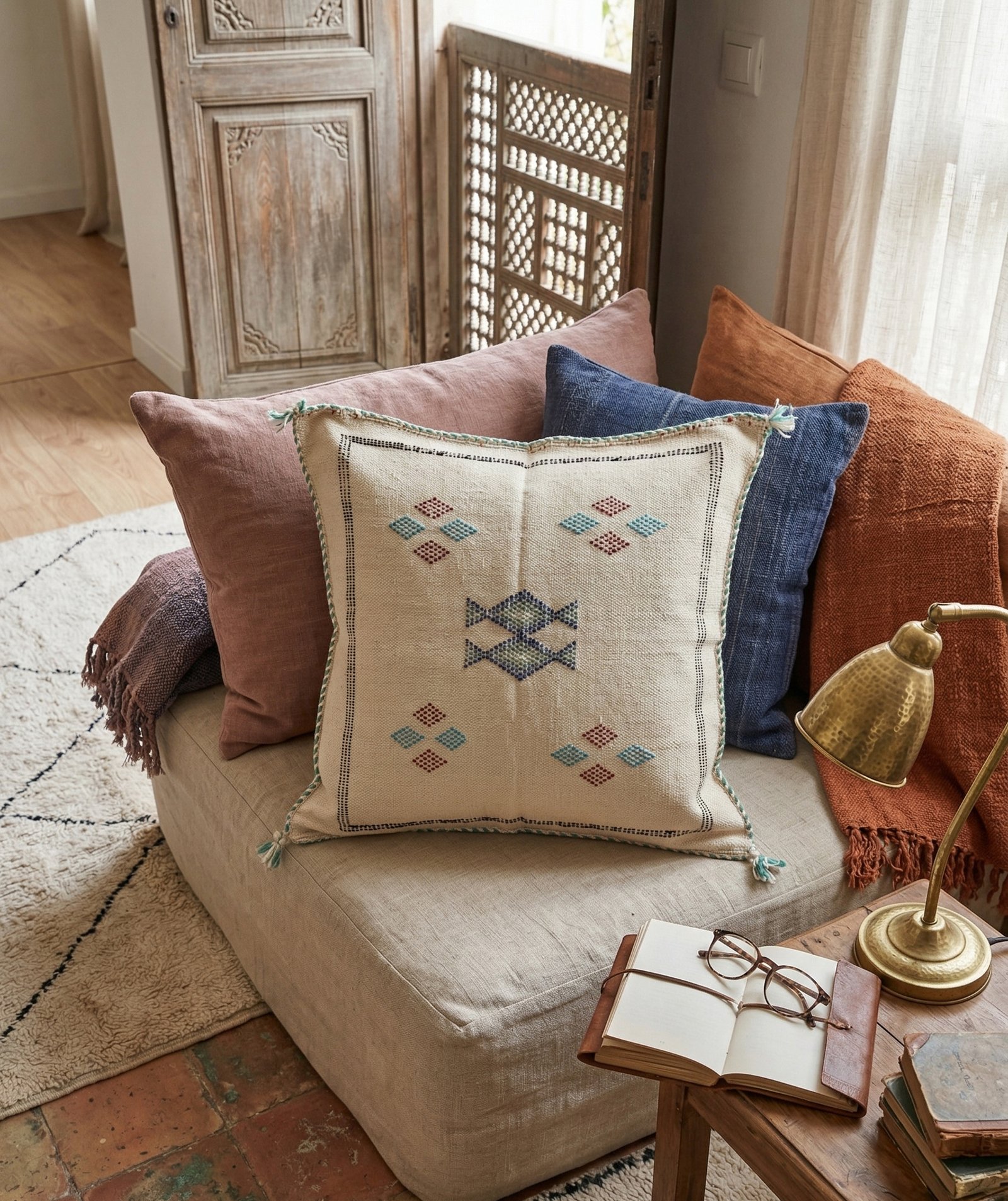 White Sabra Cushion Cover 45×45 cm – handmade in Morocco