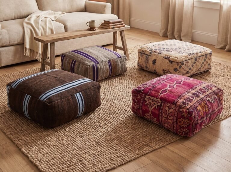 How to fill a pouf: four filled Moroccan poufs on a jute rug in a living room