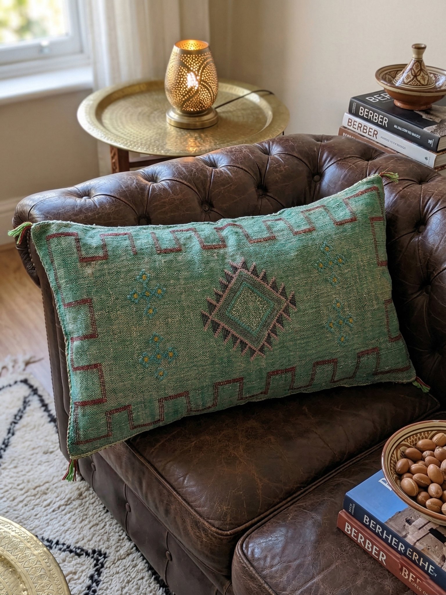 Green Cactus Silk Cushion 90×50 cm – handmade in Morocco
