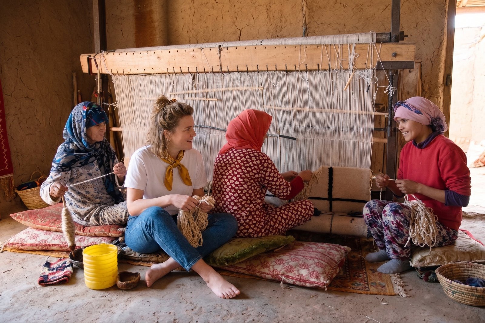 Women weaving a rug together on a traditional vertical loom in Morocco