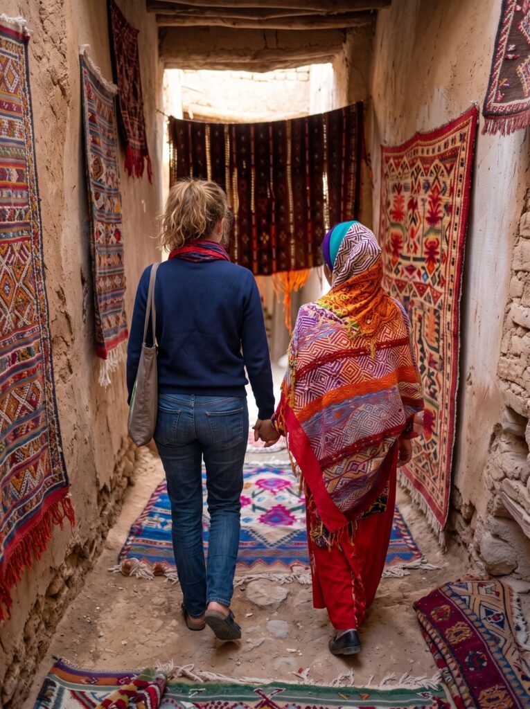 Rug size guide: handwoven Moroccan rugs of different sizes lining a corridor