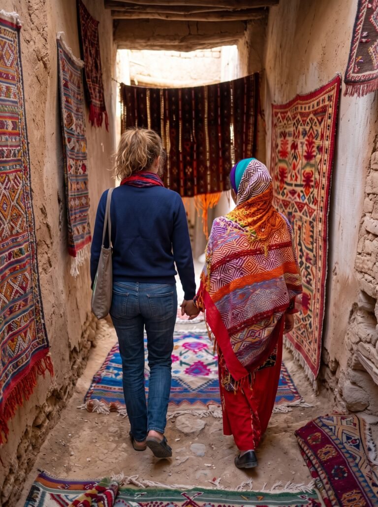 Walking through a corridor lined with handwoven Moroccan rugs