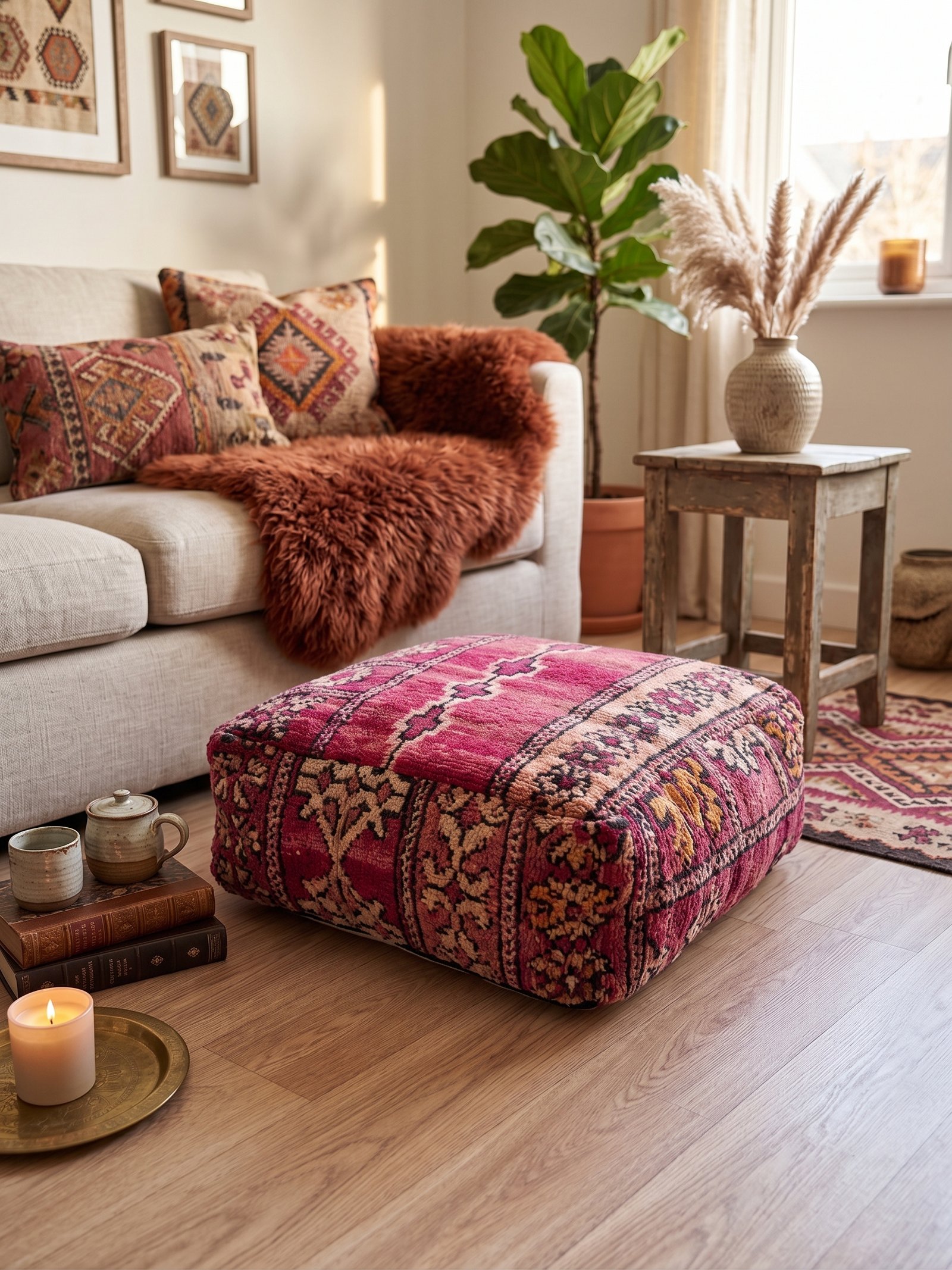Moroccan red wool pouf