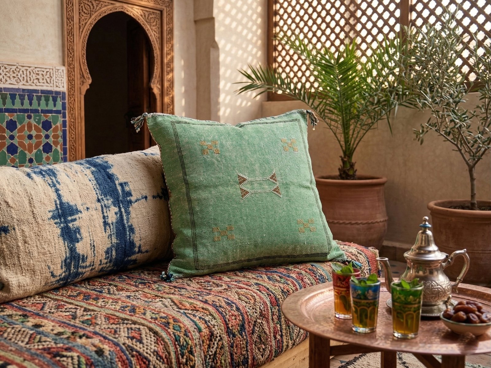 Green Sabra Cushion 45×45 cm – handmade in Morocco